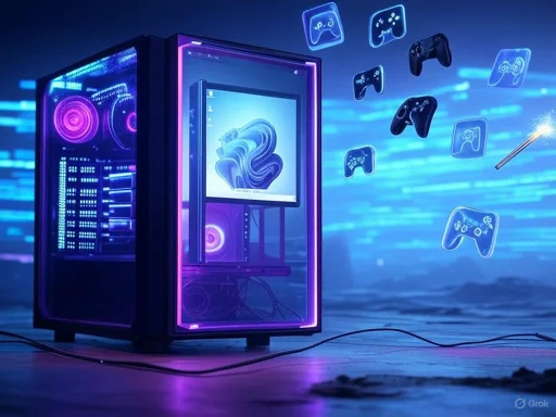 A futuristic gaming setup featuring a neon-lit PC tower surrounded by floating holographic game controllers.