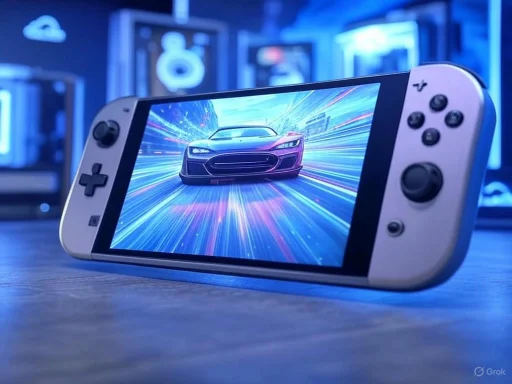 A gaming console displays a racing game with a speeding car, illuminated by vibrant blue and purple lights.
