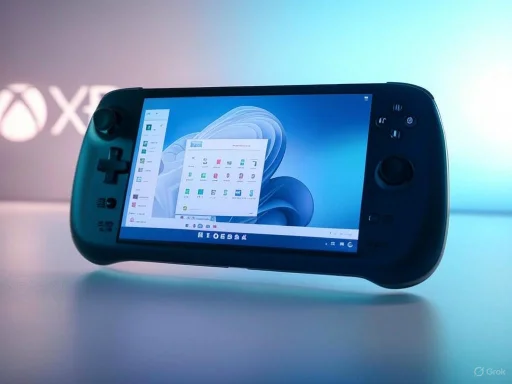 A handheld gaming device displays a Windows desktop interface on its screen.