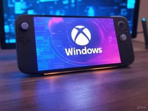 A handheld gaming device displaying the Windows logo on its screen, with a computer monitor in the background.
