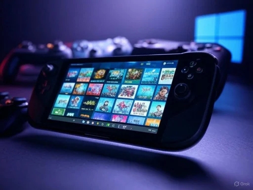 A handheld gaming device displays a colorful game collection, with controllers and a Windows logo screen in the background. A handheld gaming device displays a colorful game collection, with controllers and a Windows logo screen in the background.