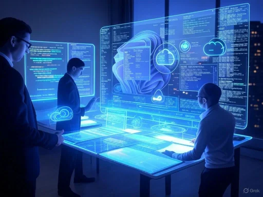 People interact with a futuristic, holographic digital interface displaying cloud computing and data analysis visuals.