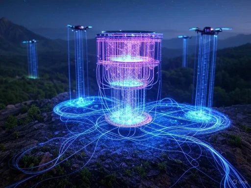 Futuristic holographic data streams and towers over a natural landscape at night.