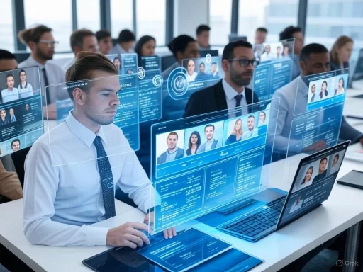 Employees in a high-tech security or HR training session review digital profiles and biometric data.