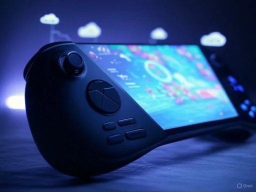 A handheld gaming device displays a colorful screen with a dark background and cloud graphics.