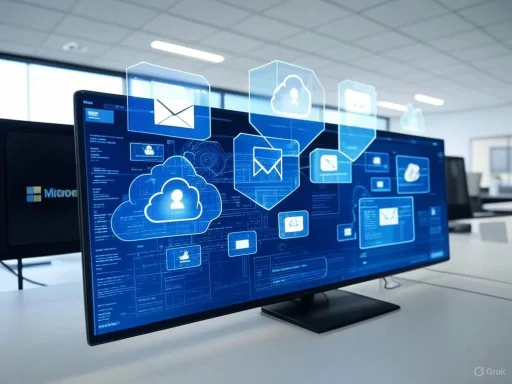 A computer monitor displays digital cloud computing and email icons, suggesting data and cloud service management.