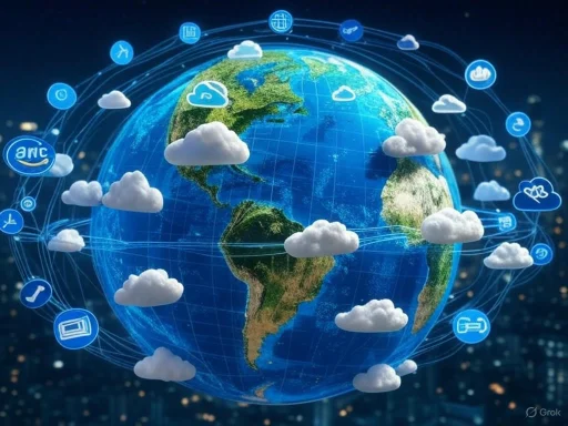A digital illustration of Earth with clouds and various technology and communication icons orbiting around it.