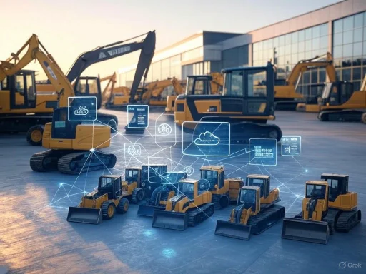 Smart construction equipment with digital connectivity is displayed in front of real excavators on a construction site.
