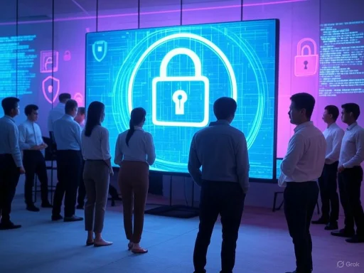 Group of people attending a cybersecurity or data privacy presentation in front of large digital screens displaying lock icons.