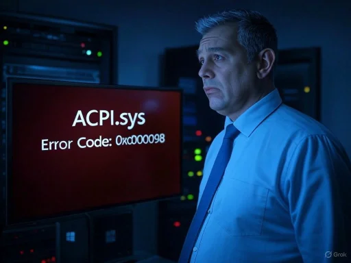 A frustrated man in a formal shirt and tie looks at a computer screen displaying a Windows blue screen with 'ACPI.sys' error.