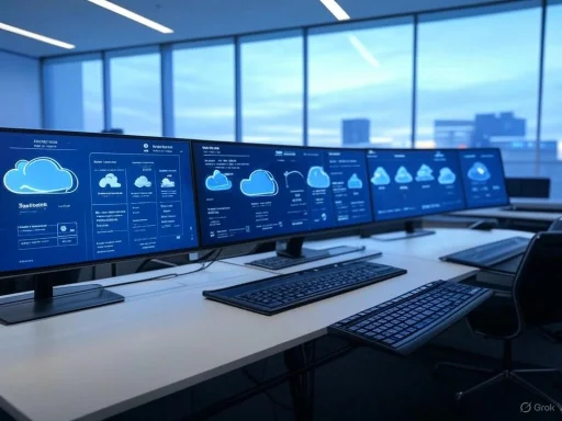 Multiple monitors displaying weather and cloud data in a modern office with large windows.