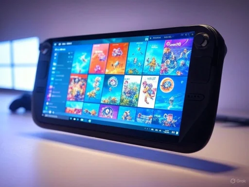 A handheld gaming device displaying colorful game icons on its screen, resting on a flat surface.