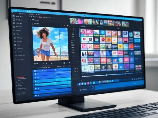 A computer screen displays photo editing software with a picture of a woman outdoors, surrounded by various image thumbnails.