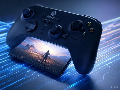 A gaming controller with a screen displaying a scenic landscape, set against a futuristic, glowing digital background.