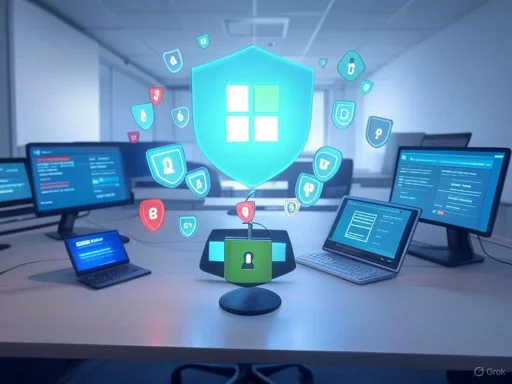 A digital illustration of cybersecurity protection with shields, locks, and security icons over computer screens. A digital illustration of cybersecurity protection with shields, locks, and security icons over computer screens.