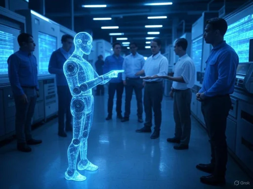 A holographic AI robot explaining to a group of people in a high-tech data center.