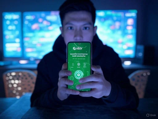 A person holding a smartphone with a green screen in front of a multi-screen monitors background, staring directly at the camera.