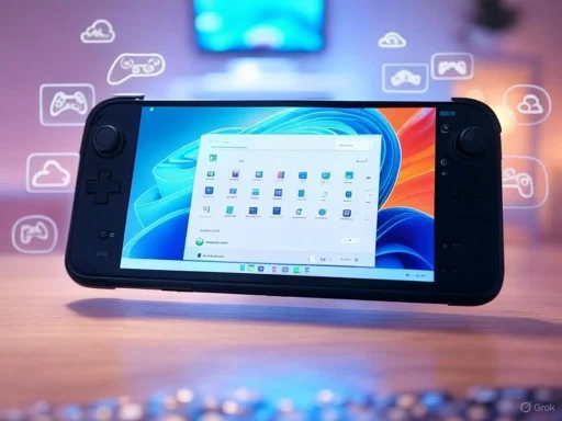A handheld gaming device displays a Windows interface with app icons, set against a blurred background with cloud and gaming icons.