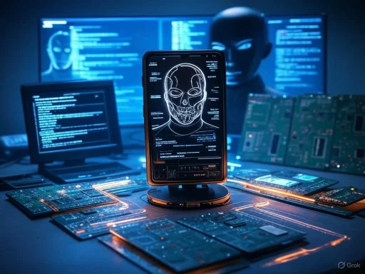 A skeleton face scan displayed on a phone surrounded by electronic circuits and multiple monitors showing hacking interfaces.