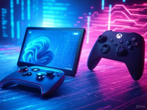 A gaming setup with a foldable screen, a gaming controller, and a wireless controller illuminated by neon pink and blue lights.
