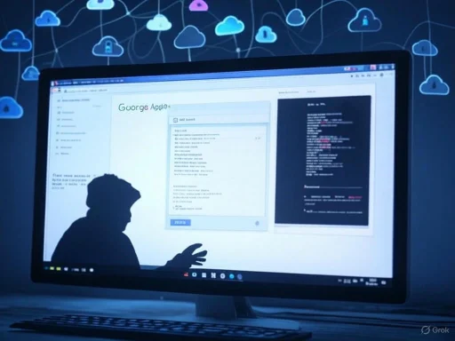 A person's silhouette is visible on a computer monitor with cloud icons in the background, suggesting cybersecurity or cloud computing.