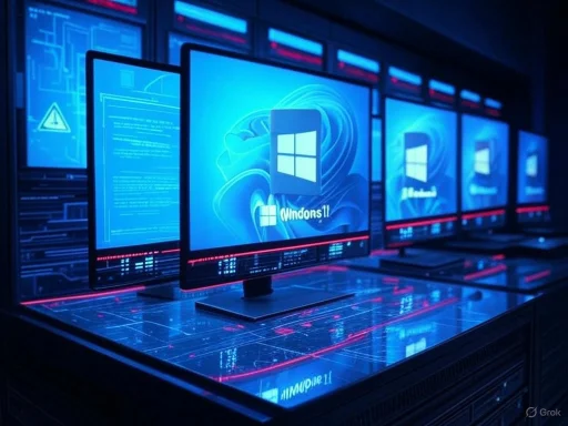 Multiple computer monitors display the Windows 11 logo in a high-tech, futuristic setting with glowing blue and red accents.