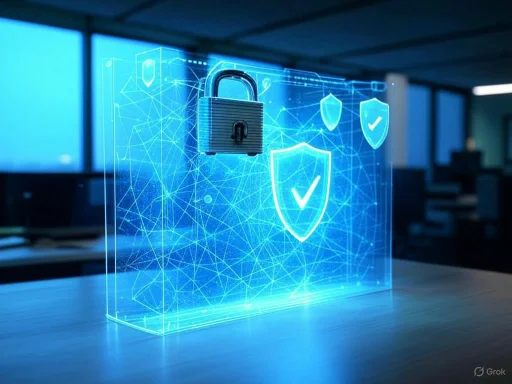 A digital hologram of shields and a padlock symbolizes cybersecurity and data protection in an office setting.