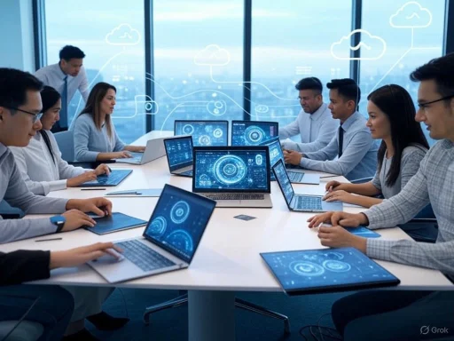 A diverse group of professionals collaborates around a conference table with multiple laptops displaying futuristic digital interfaces.