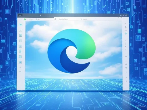 The image shows a digital representation of a computer screen displaying the Microsoft Edge browser logo against a futuristic, tech-themed background.