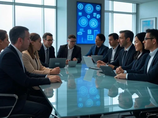 Business team in a modern office meeting room discussing strategies with laptops and digital presentation displayed behind.