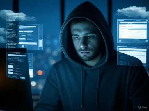 A hooded man focused on a computer screen with multiple hacking or coding interfaces in a dark, tech-enabled environment.