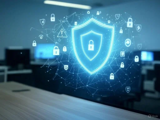 Digital security protection icons on a computer screen with a shield and padlock graphic.