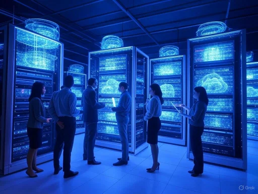A group of six people in business attire observing data servers with glowing blue holographic projections.