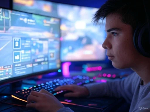 A young person gaming intensely at a computer with colorful, glowing screens and a mechanical keyboard.