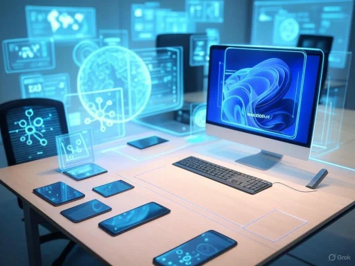 Futuristic workspace with holographic digital displays surrounding a computer and tablets.