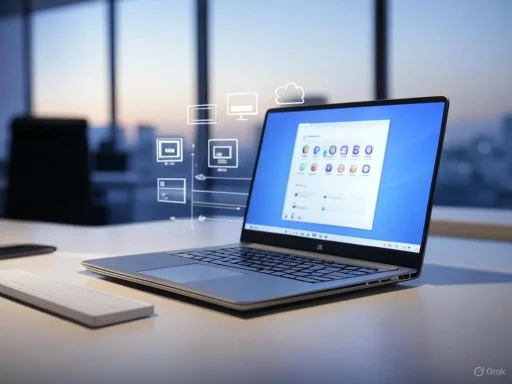 A laptop displaying a colorful app or website, with floating digital icons and cloud graphics, on a modern office desk.