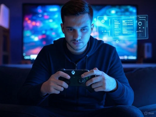A young man intensely plays a video game on a controller with futuristic holographic screens behind him in a dark room.