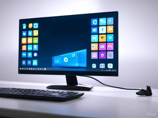 A computer monitor displays a colorful grid of app icons on a clean desk with a keyboard and a wired mouse.