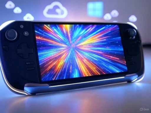 A handheld gaming console displays a vibrant, colorful explosion on its screen, with cloud and window icons projected in the background.