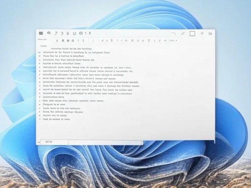 A text editing window with placeholder text is open over a Windows 11 desktop background featuring blue abstract shapes.