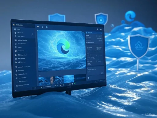A computer screen displaying a cybersecurity or antivirus program, surrounded by digital shields, amidst a wave-like digital background.