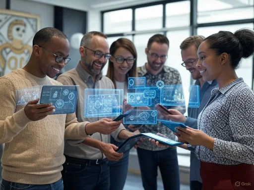 A diverse group of colleagues sharing ideas with futuristic digital interfaces in a modern office setting.