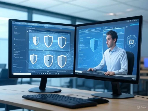 A man working on dual computer monitors displaying cybersecurity shield icons in an office setting.