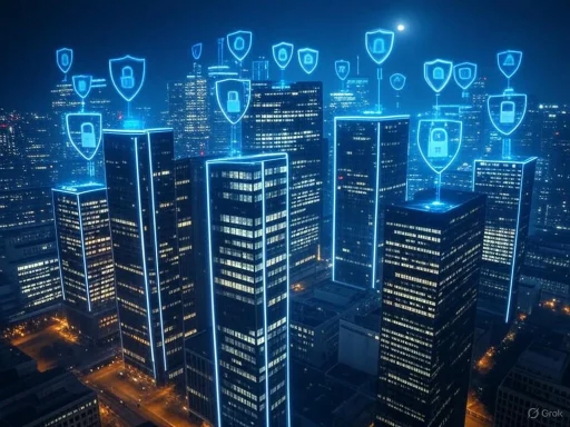 Night cityscape with skyscrapers overlaid by digital security shields, symbolizing cybersecurity in urban infrastructure.