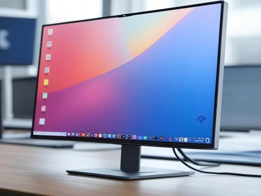 A sleek, modern computer monitor displaying a colorful background on a wooden desk.