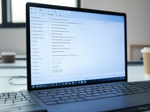 A laptop on a desk displaying a document editing software, with a window and coffee cup in the background.
