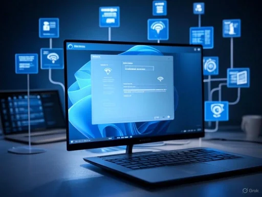 A computer desktop displays network and connectivity settings, with digital infographics floating around in a tech-themed environment.