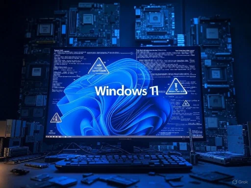 A computer screen displays a Windows 11 warning message surrounded by circuit boards and electronic components.