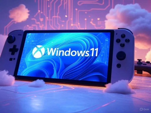 A handheld gaming device featuring a Windows 11 logo on the screen, set against a futuristic, digitally-inspired background with clouds.