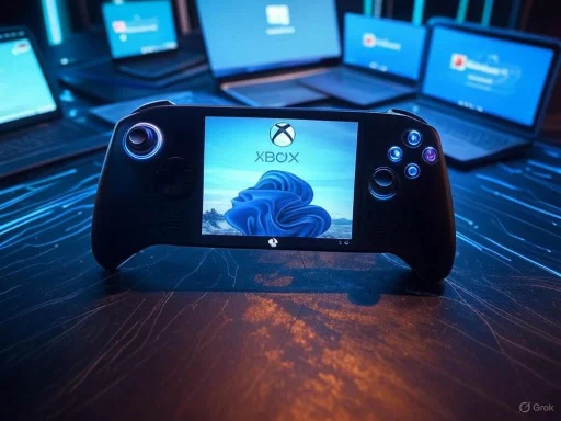 A gaming handheld device with Xbox logo displayed, surrounded by multiple laptop screens in a tech setup.